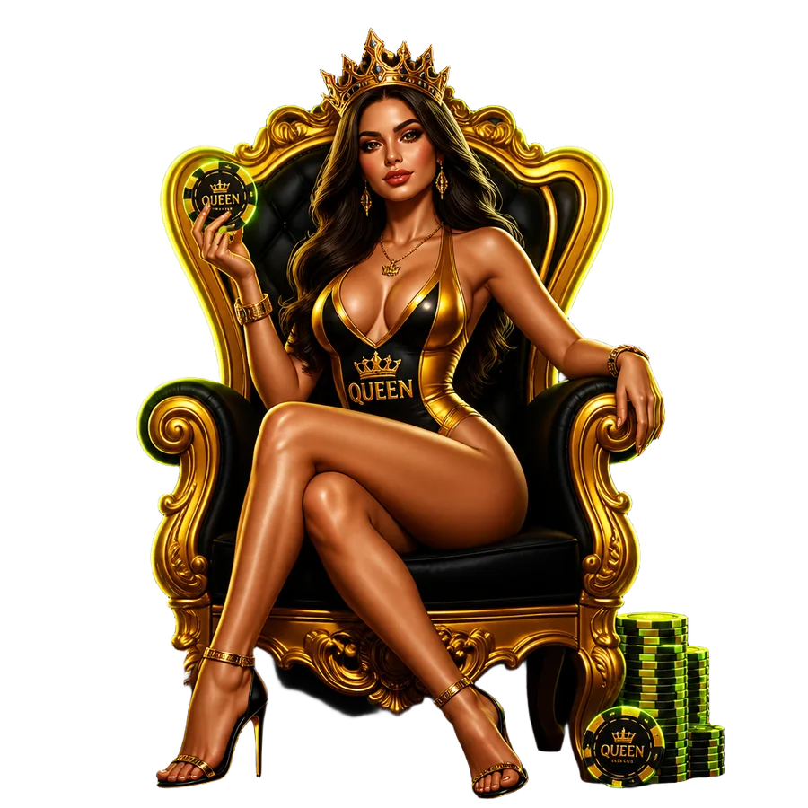 CroneBet queen mascot wearing a gold crown, seated on an ornate throne with casino chips